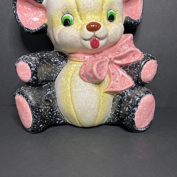 Vintage MCM 1950s Napco Black Pink & Yellow Speckled Ceramic Teddy Bear Planter - Picture 3 of 10